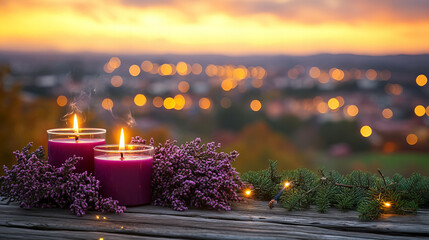 serene sunset scene featuring two lit candles surrounded by purple flowers and pine branches, creating warm and inviting atmosphere