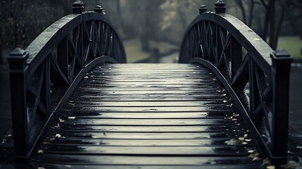 Poster - Misty Rainy Day on a Wooden Footbridge Surrounded by Autumn Foliage : Generative AI