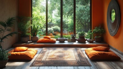 Poster - This inviting indoor area features bright orange cushions and a beautifully arranged rug, with large windows showcasing a lush garden.