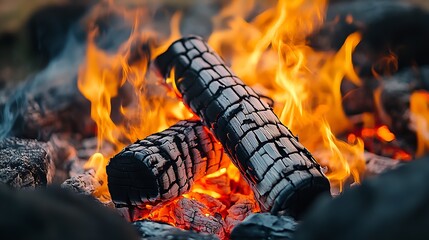 Aufkleber - Burning Firewood in Campfire with Glowing Flames and Charred Wood : Generative AI