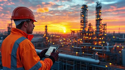 Poster - Worker using tablet in industrial area during sunset with vibrant sky and refinery background