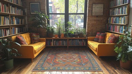 Poster - A warm reading nook features vibrant yellow couches, surrounded by bookshelves filled with books and flourishing plants. Sunlight streams through the large window, creating a welcoming atmosphere.