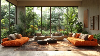 Poster - A bright and inviting living area showcases orange sofas, soft cushions, and large windows providing a view of vibrant greenery outside. The warm atmosphere highlights comfort and tranquility.