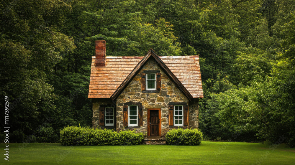Charming stone cottage nestled amidst lush green forest, exuding rustic ...