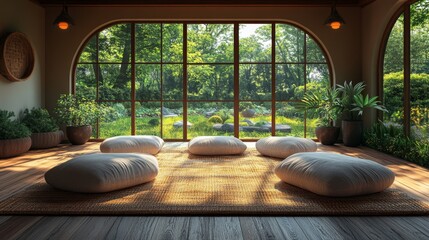 Poster - A cozy indoor area features soft cushions arranged on a natural rug, with large windows revealing a lush green garden bathed in sunlight.