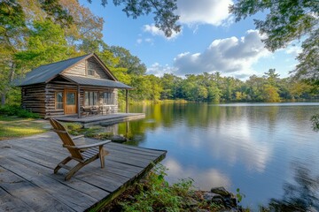 Wall Mural - A serene lakeside cabin with a wooden deck and a chair, surrounded by trees and water.