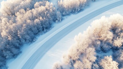 Aufkleber - Aerial View of SnowBlanketed Forest with Curved Road in Winter : Generative AI