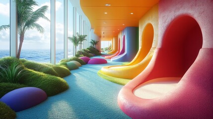 Poster - A vibrant lounge area showcases colorful seating options with a stunning ocean view. The space is brightened by natural light and lush greenery, creating a relaxing atmosphere.