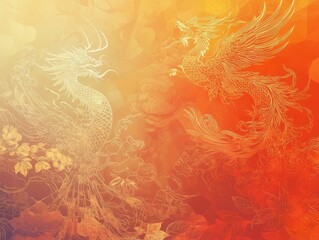 Two stylized dragons, phoenix-like, in warm orange and gold colors,  with decorative floral elements.