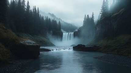 Poster - Misty Forest Waterfall Cascading into Tranquil River Surrounded by Lush Greenery : Generative AI