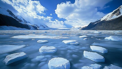 Aufkleber - Pristine Arctic Landscape with Floating Icebergs and Majestic Mountain Backdrop Under Bright Blue Sky : Generative AI