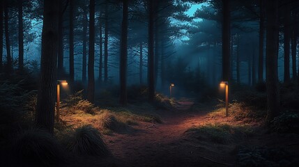 Poster - Enchanted Forest Pathway Illuminated by Soft Lamplight : Generative AI