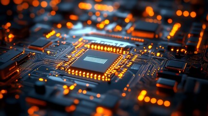 Leinwandbilder - Futuristic Circuit Board with Glowing Orange Microchip Technology Background : Generative AI