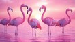 © pattaphorn - Majestic Pink Flamingos Standing Gracefully in a Serene Ocean at Sunset, Reflecting Warm Tones of Pink and Orange with Soft Rippling Water Beneath Their Feet