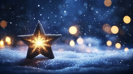 Poster - Glowing Christmas Star Illumination Amidst Winter Snow and Bokeh Lights : Generative AI