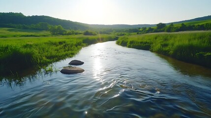Poster - Peaceful River Flowing Through Lush Green Valley Under Clear Blue Sky : Generative AI
