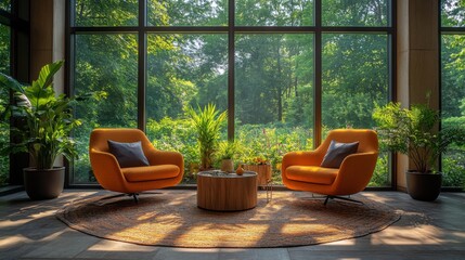 Leinwandbilder - the relaxing space features, two bright orange chairs and a circular wooden table set against large 