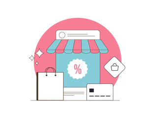 Poster - E-commerce shopping journey. Online carts, discount tags, payment methods. Clean vector flat design showcasing customer experience from browsing to checkout. Social media and e-commerce illustration