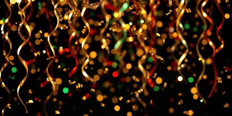 Wall Mural - A celebratory scene of cascading golden confetti streamers, shimmering with festive lights and a hint of red and green