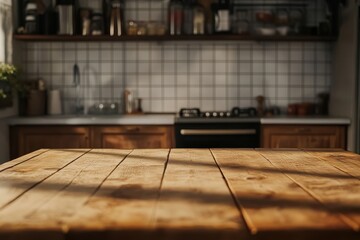 Wall Mural - A warm wooden table in a cozy kitchen setting with shelves and a stove in the background.