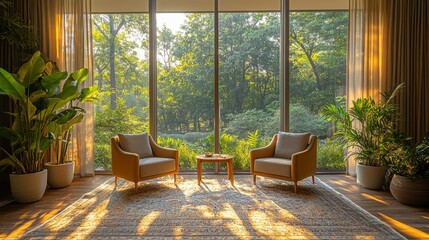 Aufkleber - A warm and inviting living room features two stylish chairs with a small table between them, illuminated by sunlight pouring in through expansive windows that reveal a lush forest view.