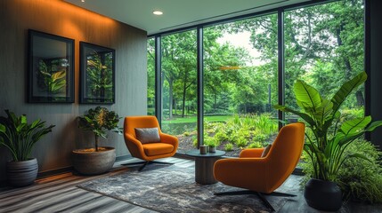 Aufkleber - A stylish seating area features two vibrant orange chairs beside a small table, framed by large windows that showcase a serene green garden outside, creating a tranquil atmosphere.