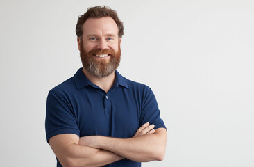 portrait of a happy, bearded man in a blue polo shirt, standing confidently with arms crossed agains