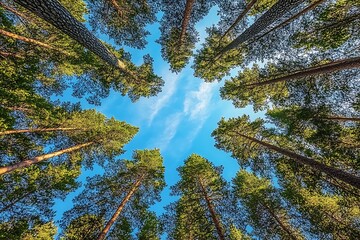 Poster - Captivating Skyward View of Towering Pine Trees in Sunlit Forest : Generative AI