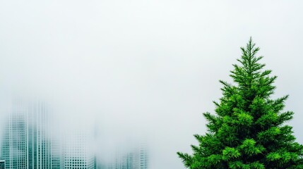 Poster - Lone green tree against a foggy cityscape, creating a serene atmosphere.
