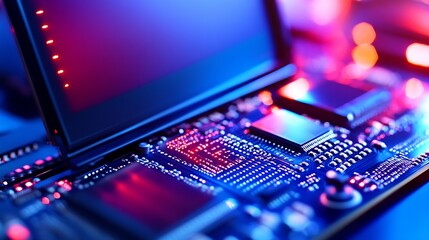 Leinwandbilder - CloseUp of Advanced Circuit Board with Blue and Red Lighting for Technology Concept : Generative AI