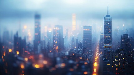 Poster - Foggy skyline with illuminated skyscrapers in a moody urban setting.