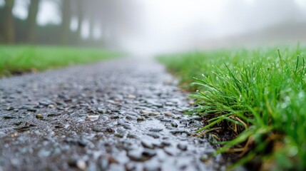 Poster - Dewy grass beside a wet path on a foggy morning, serene and tranquil scene.