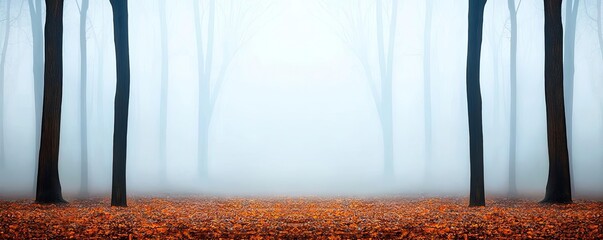 Aufkleber - Dense fog covering a quiet forest, soft blurred background, dewy leaves and moist earth, tranquil and ethereal atmosphere, cinematic realism