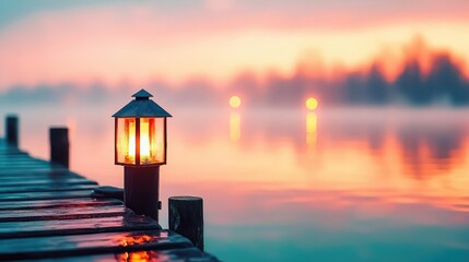 Poster - Lantern glowing by the tranquil lake at sunrise, misty reflections creating a serene atmosphere.