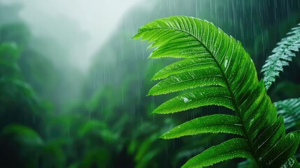 Poster - A close-up of a vibrant green fern leaf, glistening with rain droplets, set against a misty rainforest backdrop.