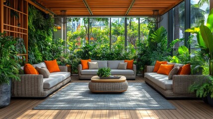 Poster - This inviting indoor living area features comfortable rattan sofas adorned with bright cushions. Surrounded by diverse greenery, large windows let in ample sunlight, creating a refreshing ambiance.