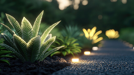 Poster - A beautifully illuminated garden path showcasing vibrant green plants at dusk.