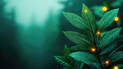 Aufkleber - A close-up of glowing leaves in a misty forest, creating a serene natural ambiance.