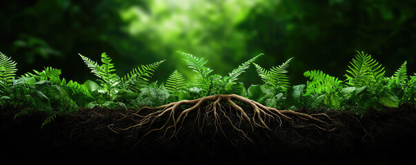 Aufkleber - A close-up view of lush ferns and intricate roots in a vibrant forest setting.