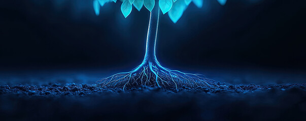 Aufkleber - A glowing blue tree with bright leaves and intricate roots emerging from the dark soil.