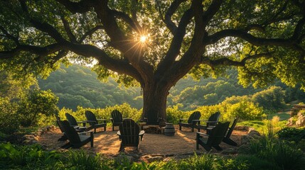 Aufkleber - Gathered around rustic chairs, friends enjoy a peaceful moment under a large oak tree as the sun sets, casting warm light across the valley.