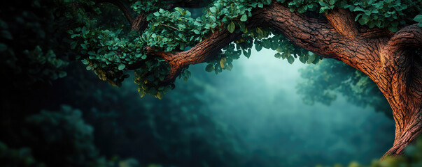 Poster - A lush green tree branch reaches out over a serene, misty forest landscape.