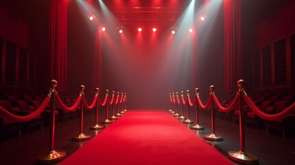 Illuminated red carpet walkway with velvet ropes in a grand hallway. Luxurious entrance setting for formal events or premieres