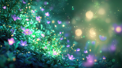 Aufkleber - A magical garden scene filled with glowing flowers and enchanting light effects.