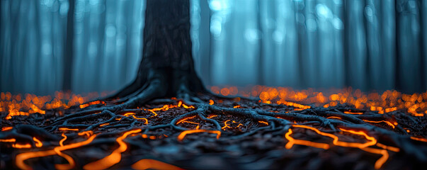 Poster - A magical scene of glowing roots beneath a tree in a mystical forest setting.