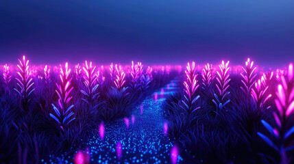 Aufkleber - A mesmerizing landscape of glowing flowers illuminating a tranquil path at night.
