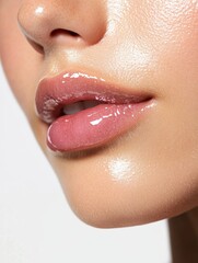 Wall Mural - Close-up of glossy lips with shiny, radiant skin, showcasing beauty and skincare for cosmetic marketing or advertising.