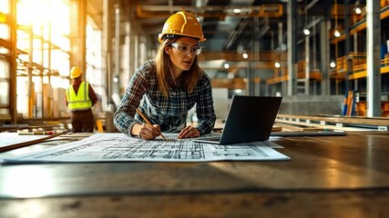 Poster - Construction manager reviewing blueprints at a bustling job site during golden hour