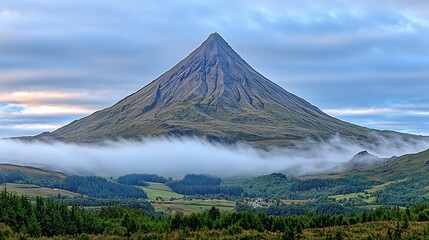 Wall Mural - A majestic volcano rises above rolling green hills, shrouded in mist under a cloudy sky, showcasing nature's grandeur and tranquility.