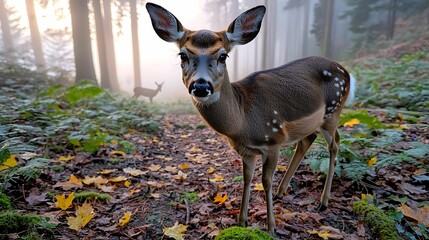 Wall Mural - a young deer stands in a misty forest, surrounded by lush greenery and fallen leaves, creating a ser